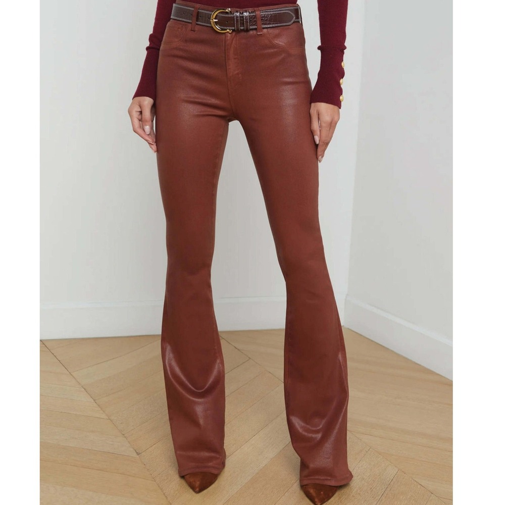 L'AGENCE NWT Marty High Rise Coated Flare Jeans Rich Ginger Brown‎ Sz 24